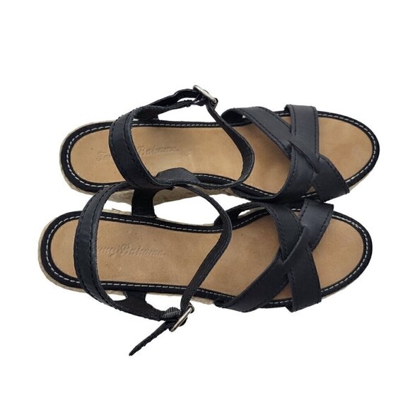 Tommy Bahama Women's Black Leather Espadrille Strappy Black Wedge Sandals Size 9 - Picture 3 of 12